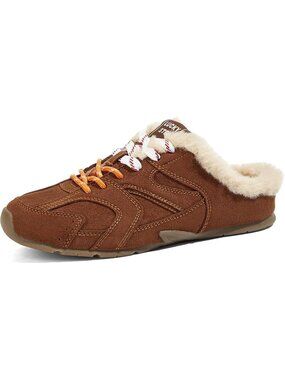 🆕Women's Tan Backless Slip On Mule Sneakers Fuzzy Lined Dual Lace Shoes